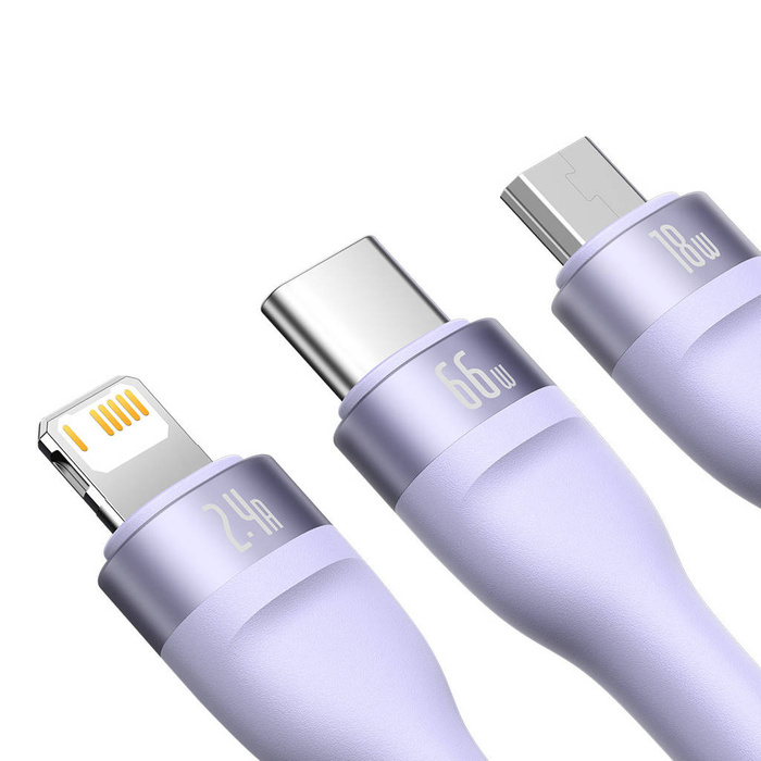 Baseus Flash Series Ⅱ kabel 3w1 z szybkim ładowaniem USB-A do USB-C / Micro-USB / Lightning 66W 480Mb/s 1.2m fioletowy
