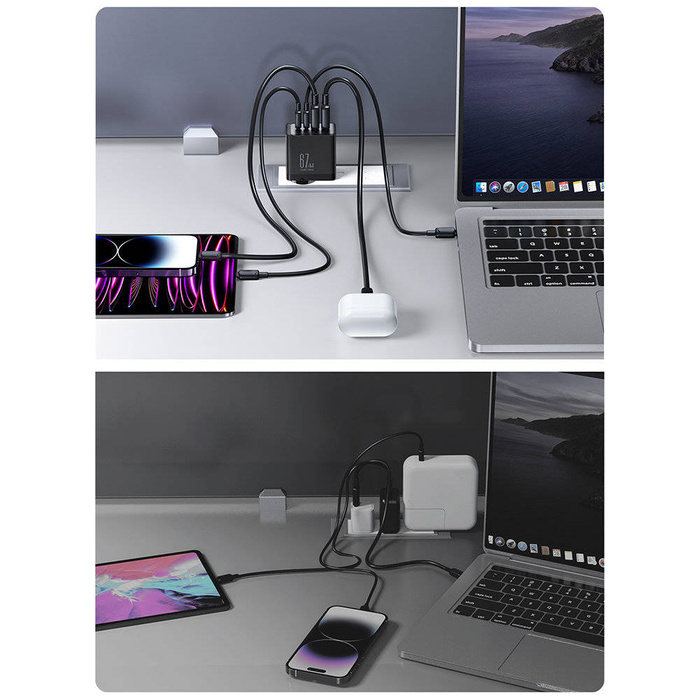 Joyroom ładowarka GaN 67W 4 porty (2x USB, 2x USB C) czarna (TCG02) + kabel USB C – USB C 100W 1.2m