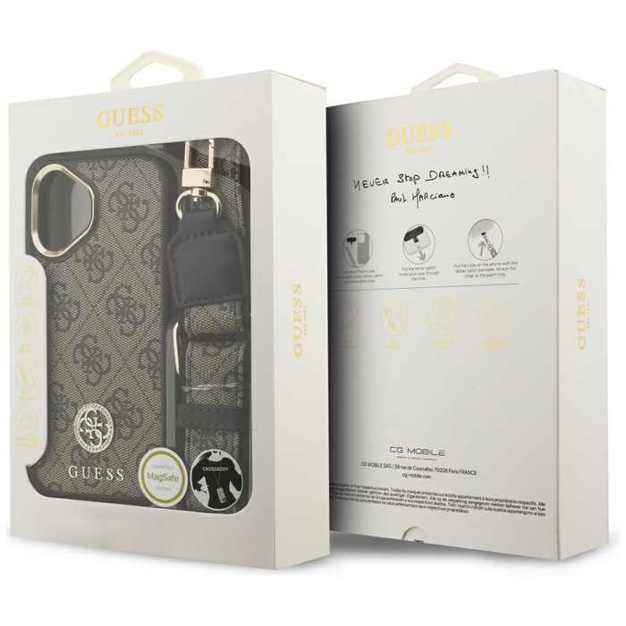 Etui Guess 4G Strass Logo & Big Strap    Metal Buttons MagSafe do iPhone 17 brązowy