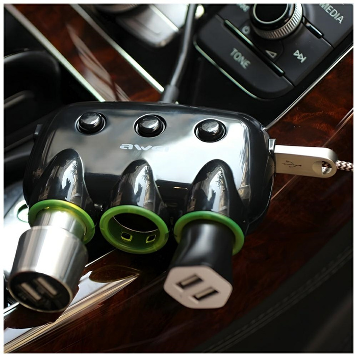 Ładowarka Samochodowa AWEI Rozgałęźnik Samochodowy 2 USB C-35 3 Gniazda Zapalniczki 12V Czarny