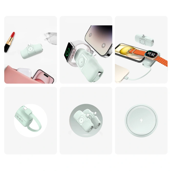 Mini powerbank Wozinsky WF16-YCS 5000mAh 15W USB-C z wbudowanym kablem USB-C i ładowarką do Apple Watch - zielony