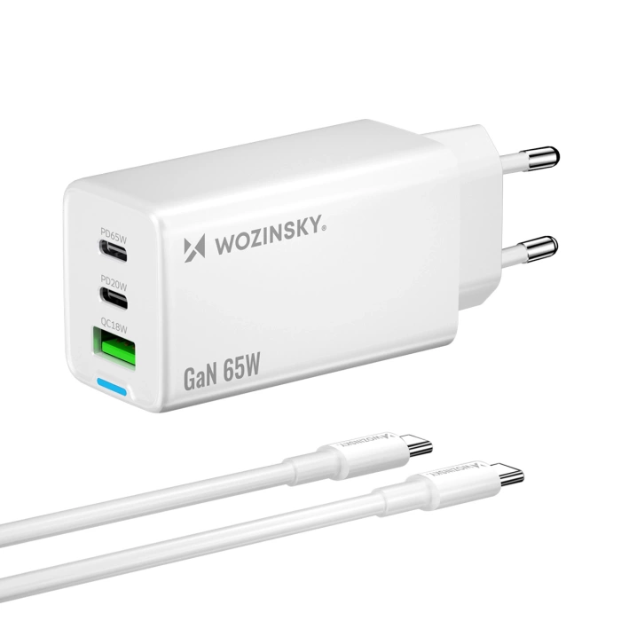 Wozinsky ładowarka GaN 65W z portami USB 2xUSB-C z kabelm C-C 65W - biała