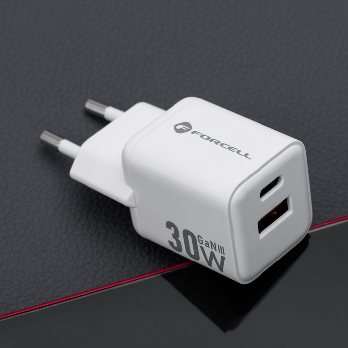 Ładowarka sieciowa do telefonu Forcell F-Energy Mini GaN III USB C + USB A QC4.0 PD 30W VT-35 biała 0INT