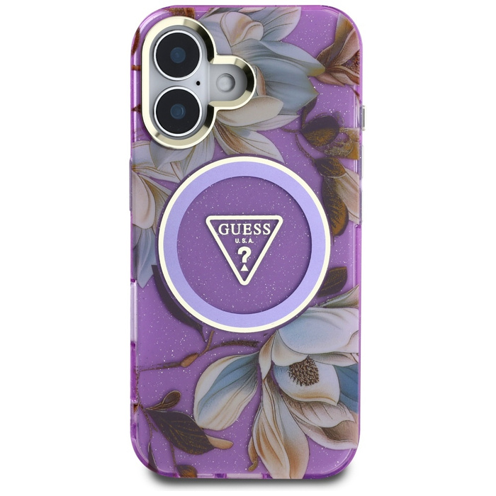 Etui Guess Glitter Flowers Triangle       Buttons MagSafe do iPhone 16 fioletowy