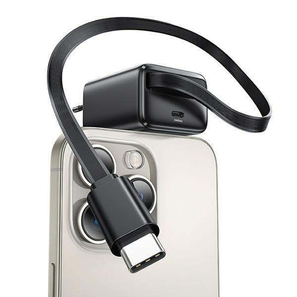 USAMS Ład. siec. 1xUSB-C ze zwijanym kablem USB-C Retractable PD+QC 20W Gan Fast Charging czarny/black YC Series CC233TC01 (US-CC233)