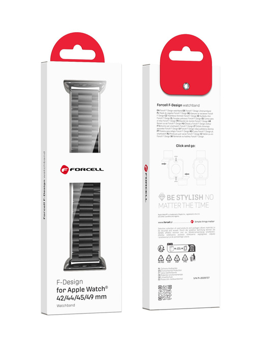 Pasek do Apple Watch Forcell F-Design FA10 zatrzask stal 42 / 44 / 45 / 49 mm czarny