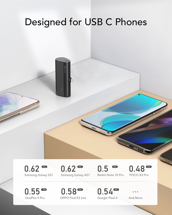 VEGER powerbank 5000 mAh z wbudowanym złączem Typ C PD QC3.0 3A 20W PlugOn (W0556/V0556) czarny