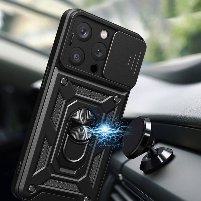 Etui Pancerne etui z podstawką i osłoną aparatu do iPhone 15 Pro Max Hybrid Armor Camshield - niebieskie Case