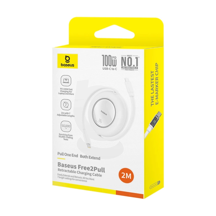 Kabel Baseus Free2Pull Mini 100W zwijany USB-C - USB-C 2m - biały