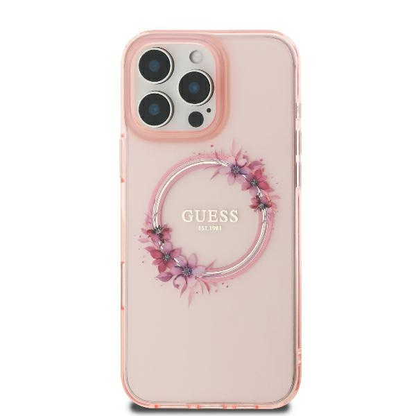 Etui Guess iPhone 16 Pro 6.3" różowy/pink hardcase IML Flowers Wreath MagSafe