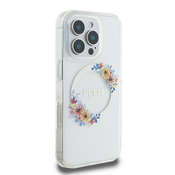 Etui Guess iPhone 16 Pro 6.3" przeźroczysty/transprent hardcase IML Flowers Wreath MagSafe