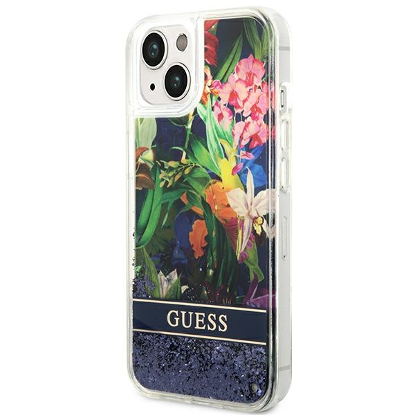 Etui GUESS Apple iPhone 14 Flower Liquid Glitter Niebieski Hardcase