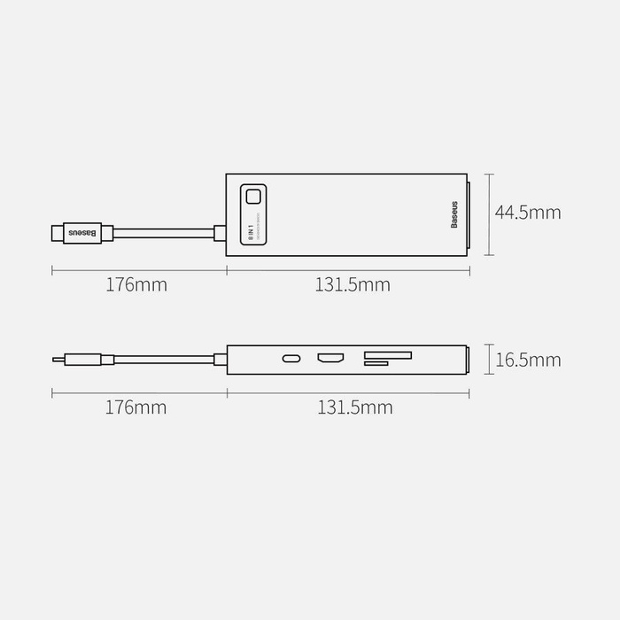 Baseus Metal Gleam 8w1 wielofunkcyjny HUB USB Typ C - USB Typ C Power Delivery 100 W / HDMI 4K 30 Hz / czytnik kart SD i microSD / 3x USB 3.2 Gen 1 / RJ45 1 Gbps Szary (CAHUB-CV0G)