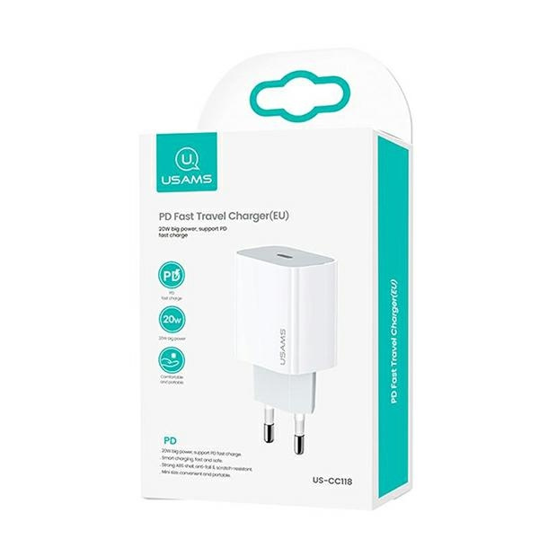 Ładowarka Sieciowa USAMS 1xUSB-C T34 20W 5V-3A PD3.0 Fast Charging Biały