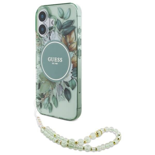 Etui Guess iPhone 16 6.1" zielony/green hardcase IML Flowers With Pearl Strap MagSafe