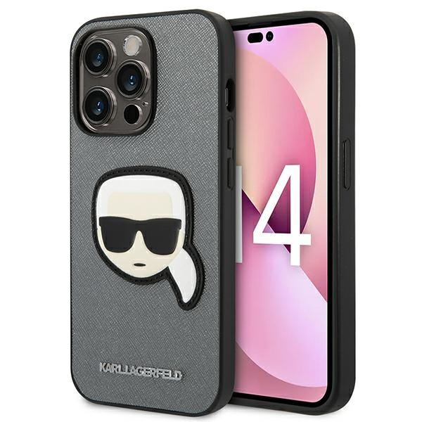 Etui KARL LAGERFELD Apple iPhone 14 Pro Max Saffiano Karl`s Head Patch Srebrny Hardcase