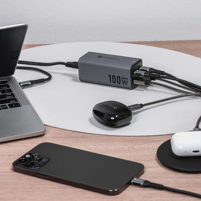 Ładowarka biurkowa Forcell F-Energy GaN III 2 x USB C + 2 x USB A QC4.0 PD 5A 100W VT-49 szara