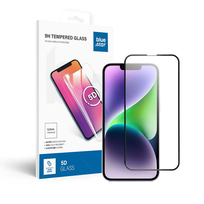 Szkło hartowane do iPhone 13 / 13 PRO / 14 / 16e (SE 4 2025) (full glue) Blue Star 5D czarne
