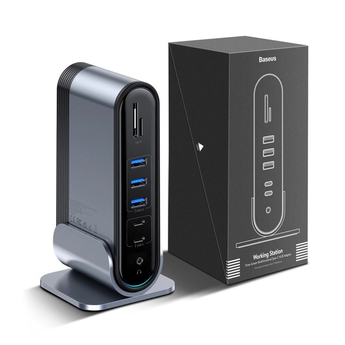 [PO ZWROCIE] HUB Baseus CAHUB-DG0G 3x USB 3.2 Gen 1 / 2x USB-A / 2x USB-C / czytnik kart SD, micro SD / AUX / 3x HDMI / RJ45 PD 100W (wtyczki EU / CN / UK) - szary