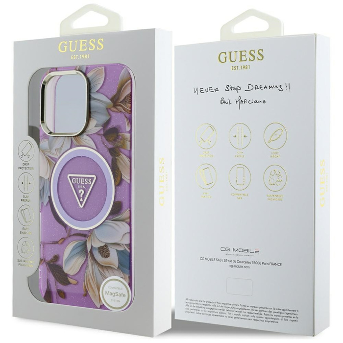 Etui Guess Glitter Flowers Triangle       Buttons MagSafe do iPhone 16 Pro Max fioletowy