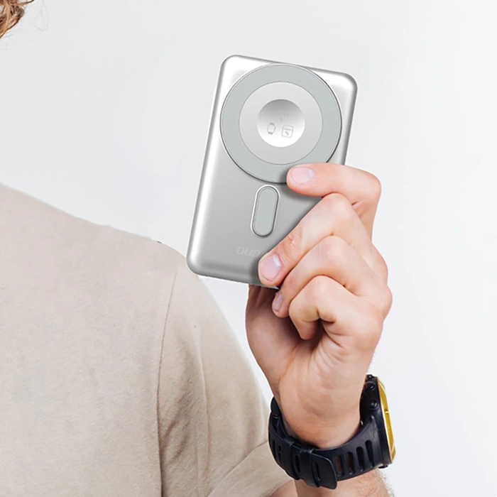 Powerbank Dudao K29 10000mAh PD 20W z MagSafe z metalową obudową, podstawką i wbudowanymi kablami USB-C/Lightning - szary