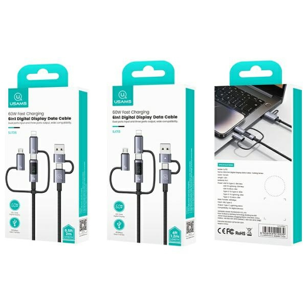 USAMS Kabel 6w1 Fast charging 60W 1,2m    Data Cable Digital dispay Aluminium Alloy Seria Sufeng SJ713