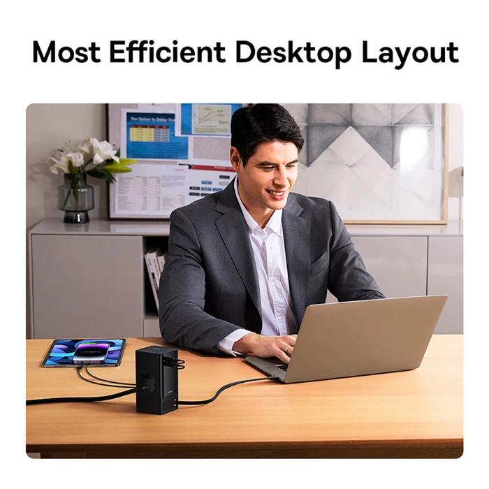 Stacja łądująca Baseus PowerCombo 65W 1.5m 2 x EU + USB-A + USB-C + zwijany kabel USB-C - czarna