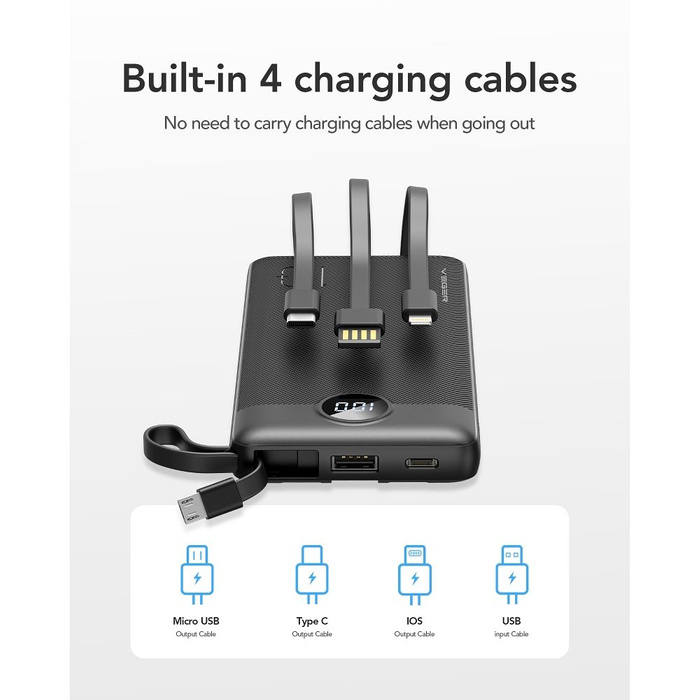 VEGER powerbank 10000 mAh z wbudowanymi kablami Micro USB / Typ C / Lightning C10 (W1116) czarny