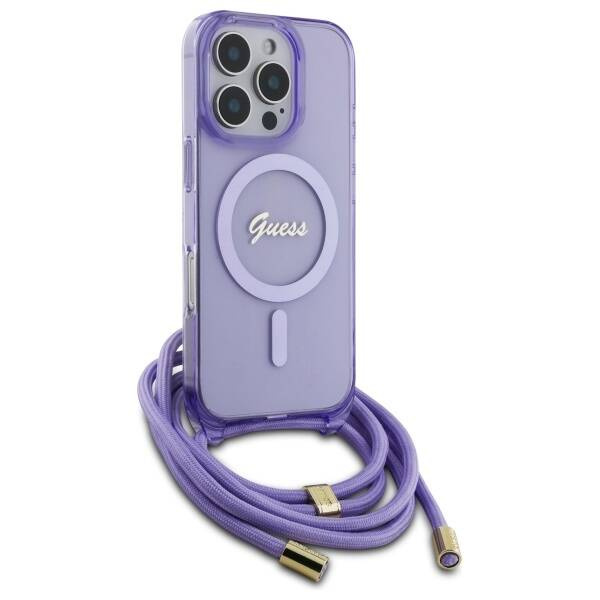 Etui Guess iPhone 16 Pro Max 6.9" fioletowy/purple hardcase Crossbody Cord Script MagSafe