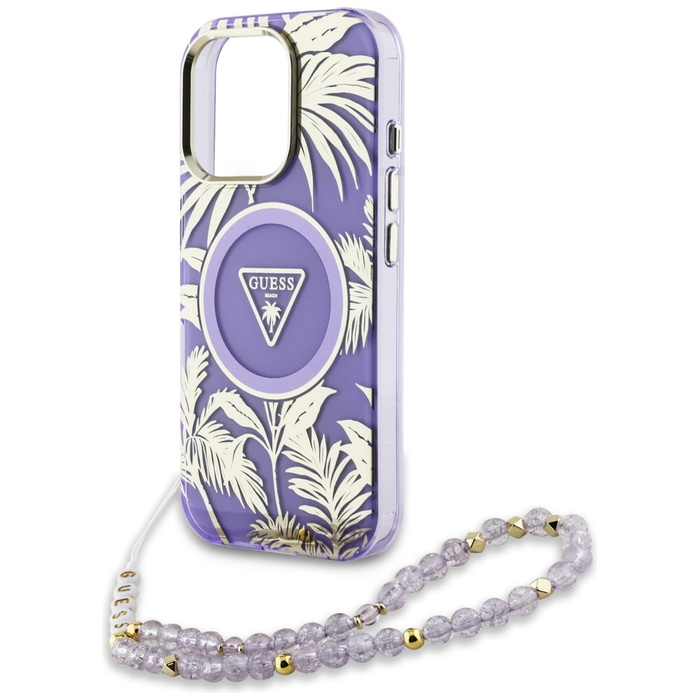Etui Guess Palm Trees Triangle Pearl      Strap MagSafe do iPhone 16 Pro fioletowy
