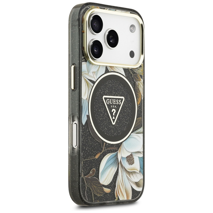 Etui Guess IML Glitter Flowers Triangle  MagSafe do iPhone 17 Pro czarny