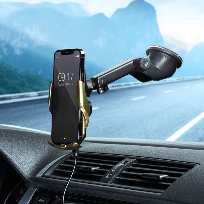 FORCELL uchwyt z ładowaniem indukcyjnym automatyczny + adapt. magnetyczne HS1 Qi 15W złoty