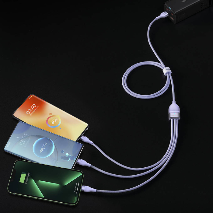 Baseus Flash Series Ⅱ kabel 3w1 z szybkim ładowaniem USB-A do USB-C / Micro-USB / Lightning 66W 480Mb/s 1.2m fioletowy