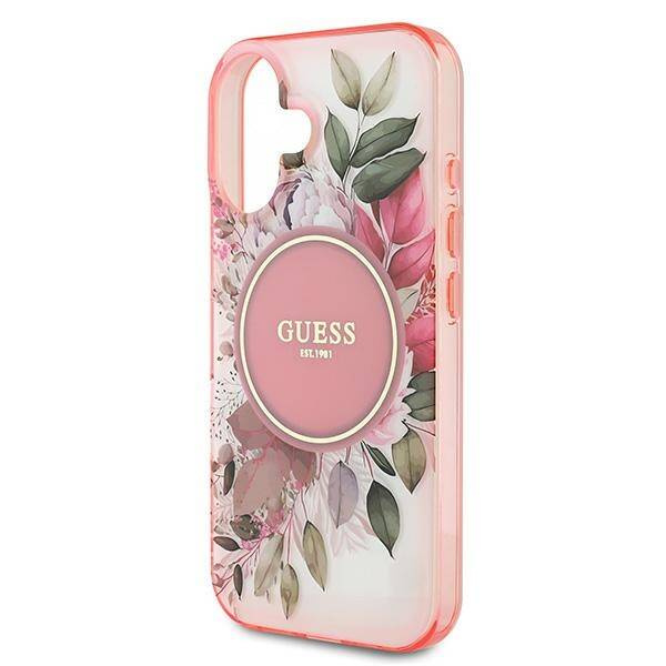 Etui Guess iPhone 16 6.1" różowy/pink hardcase IML Flower & Tonal Circle MagSafe