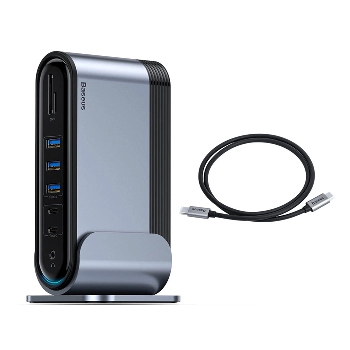 [PO ZWROCIE] HUB Baseus CAHUB-DG0G 3x USB 3.2 Gen 1 / 2x USB-A / 2x USB-C / czytnik kart SD, micro SD / AUX / 3x HDMI / RJ45 PD 100W (wtyczki EU / CN / UK) - szary