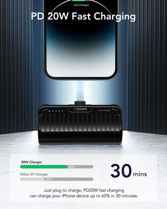 Powerbank Veger PlugOn (W0558P) PD QC3.0 2,4A 20W 5000 mAh z wbudowanym złączem Lightning czarny 0INT