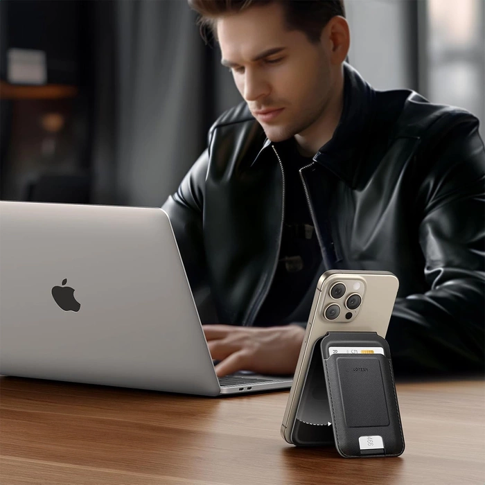 Portfel magnetyczny z funkcją podstawki do iPhone MagSafe, Ugreen LP836, skórzany (czarny)