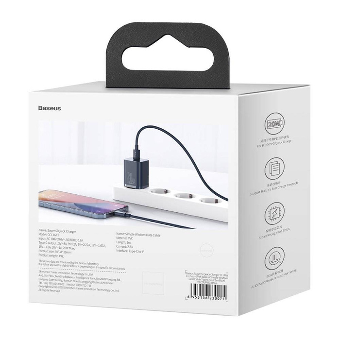 [PO ZWROCIE] Baseus Super Si 1C szybka ładowarka USB Typ C 20W Power Delivery + kabel USB Typ C - Lightning 1m niebieski (TZCCSUP-B03)