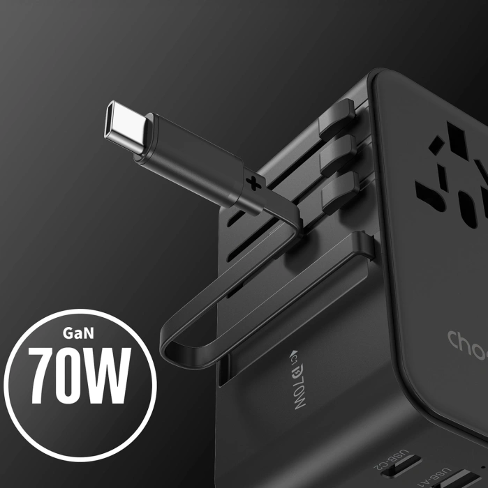 Ładowarka podróżna Choetech PD5022 70W EU / US / AUS / UK z wbudowanym kablem USB-C - czarna