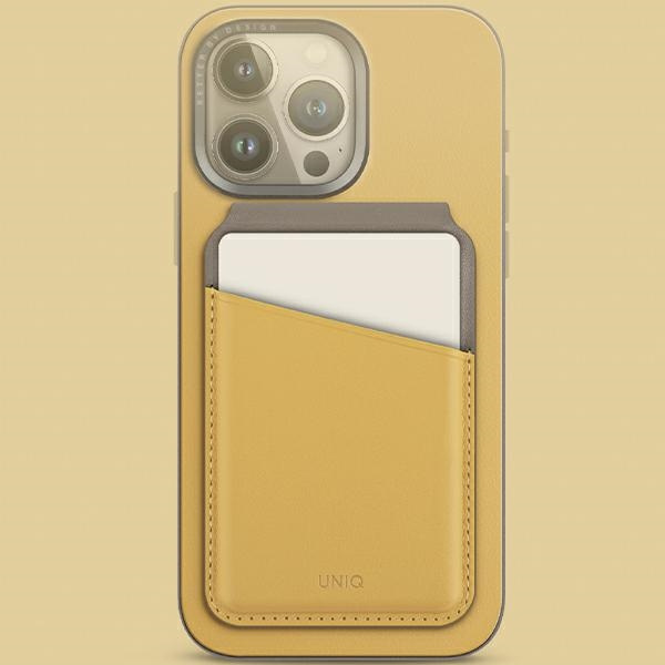 Portfel UNIQ Lyden DS magnetyczny RFID ze stojakiem na telefon - żółto-szary