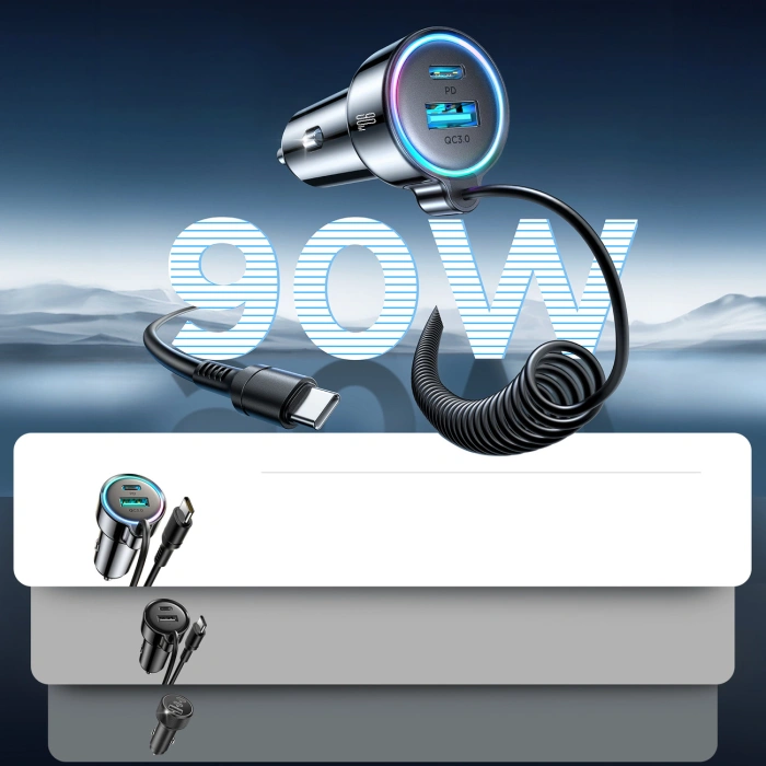 Ładowarka samochodowa 3w1 Joyroom JR-CL07 72W z kablem USB-C 1.6m – czarna