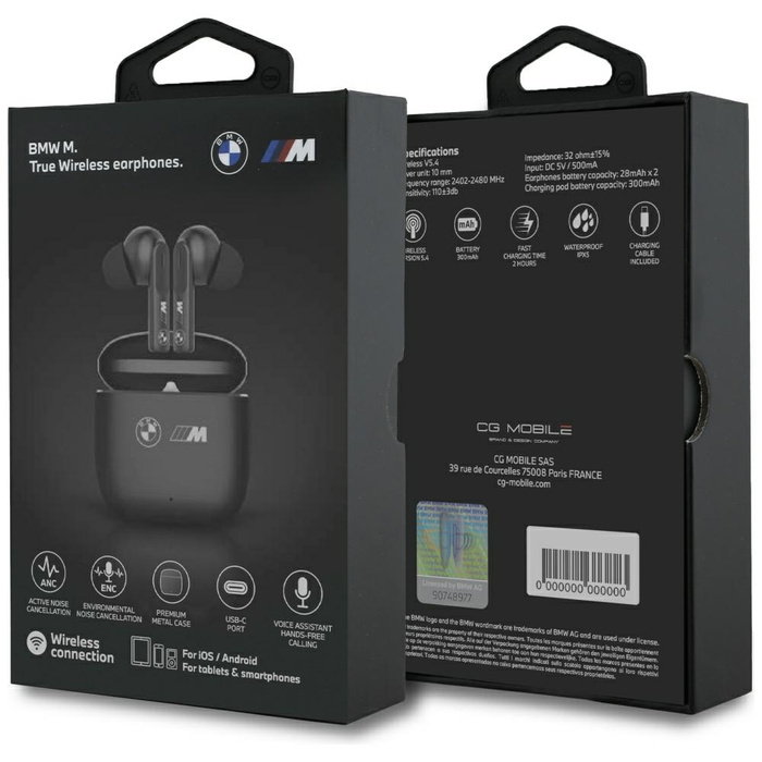 Słuchawki Bluetooth TWS BMW M Metal M    Logo Print ANC-ENC czarny
