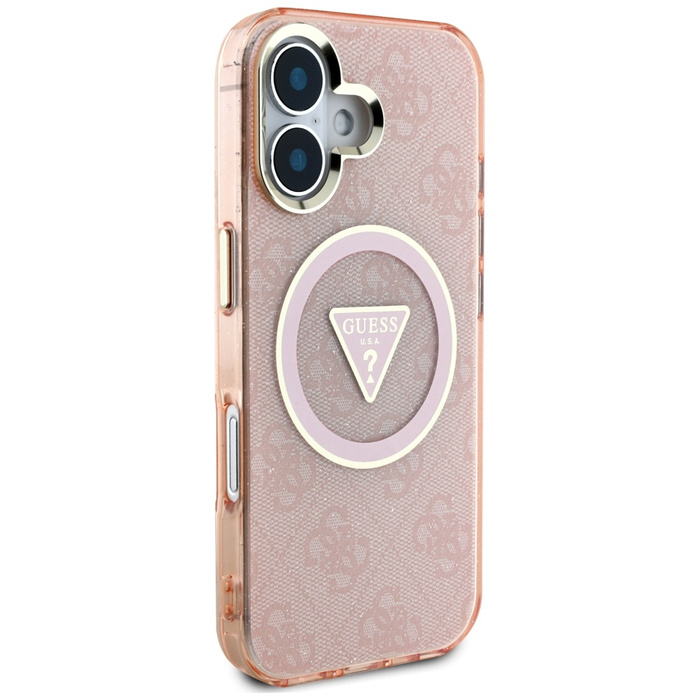 Etui Guess IML Metal Glitter 4G Circle   Triangle MagSafe do iPhone 16 różowy