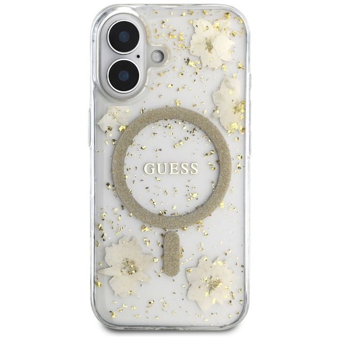Etui Guess Resin Flowers Glitter MagSafe do iPhone 16 beżowy