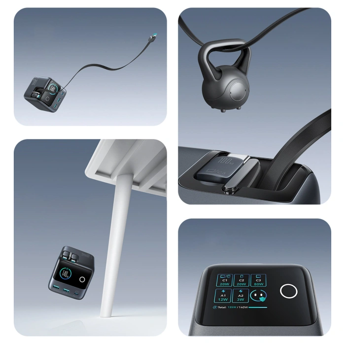 Ładowarka biurkowa Joyroom Podix JR-TRD01 GaN 140W z 5 portami i podwójnymi zwijanymi kablami - szara