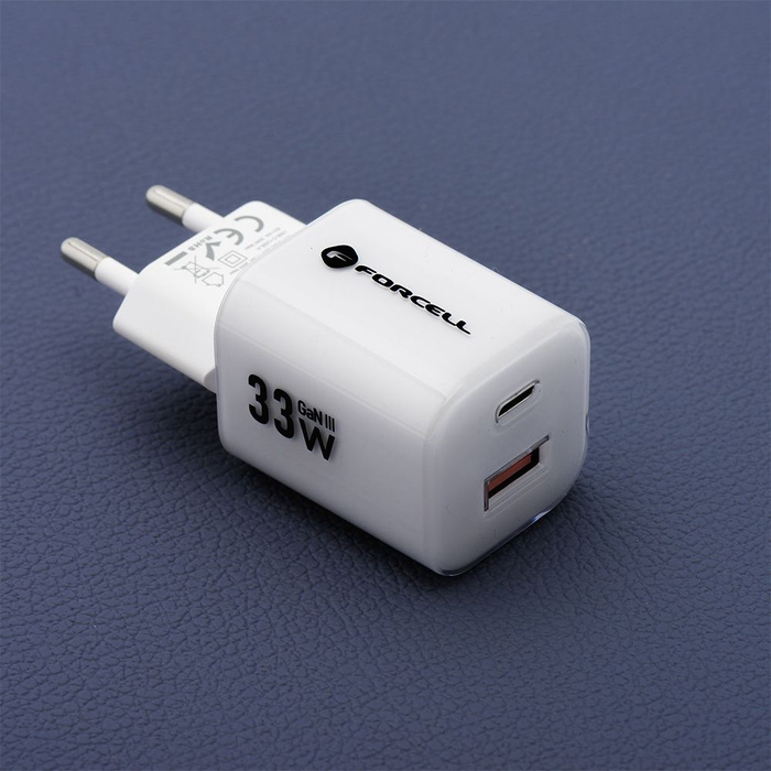 Ładowarka sieciowa do telefonu Forcell F-Energy GaN III Crystal Color USB C + USB A QC4.0 PD 33W + kabel USB C do USB C VT-41 biała 0INT