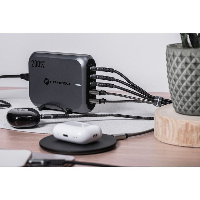 Ładowarka biurkowa Forcell F-Energy GaN III 3 x USB C + 2 x USB A QC4.0 PD 5A 200W VT-51 szara