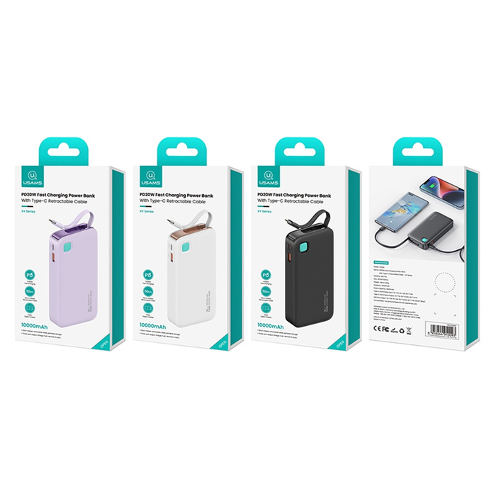 USAMS Powerbank ze zwijanym kablem USB-C Retractable 10000 mAh PD 20W Fast Charge XY Series biały/white 10KCD22402 (US-CD224)