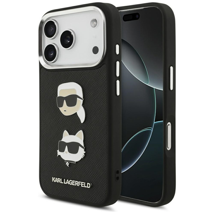Etui Karl Lagerfeld FW Grained Karl &    Choupette Heads Pins & Logo do iPhone 17 Pro czarny