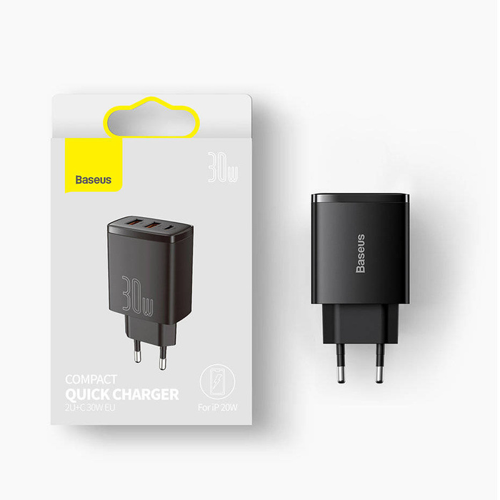 [PO ZWROCIE] Baseus Compact szybka ładowarka sieciowa 2x USB / USB Typ C 30W 3A Power Delivery Quick Charge biały (CCXJ-E02)